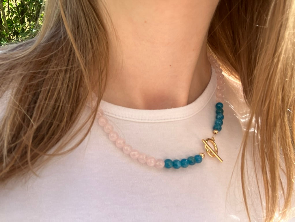 Pink Wing - Rose Quartz and Apatite Bead Necklace