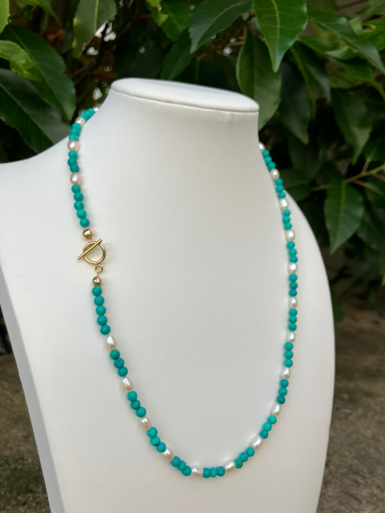 Turquoise Pearl - Turquoise and Pearl Bead Necklace